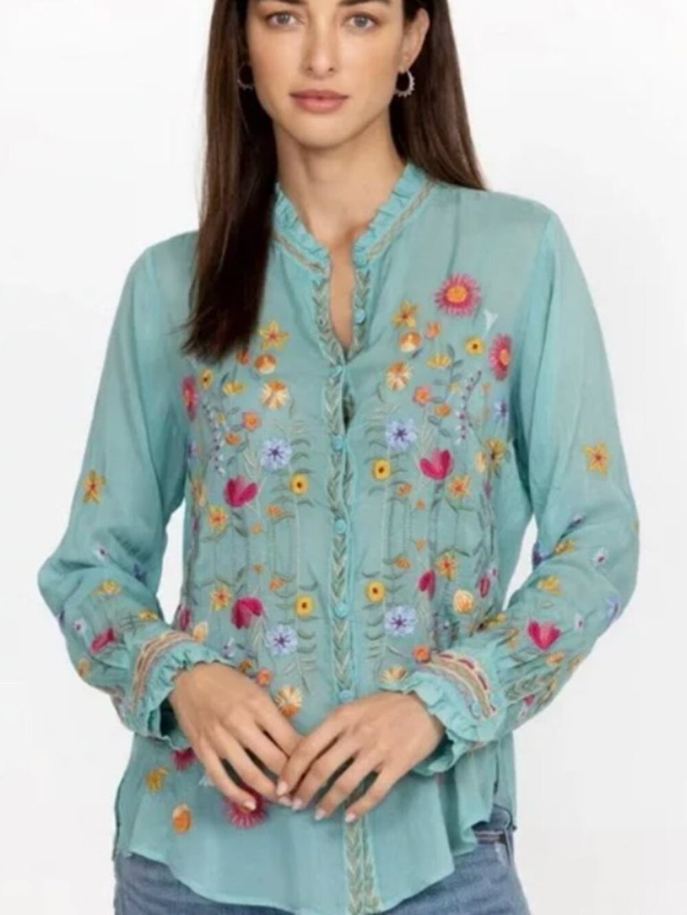 Johnny Was Iolanda Marine Embroidered Floral V-Neck Blouse.  Plus Size.  NWT